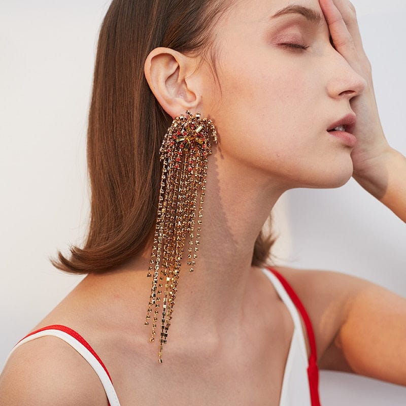 1PC of Crystal Gold-tone Waterfall Clip-on Long Earrings Jewelry WAAMII   