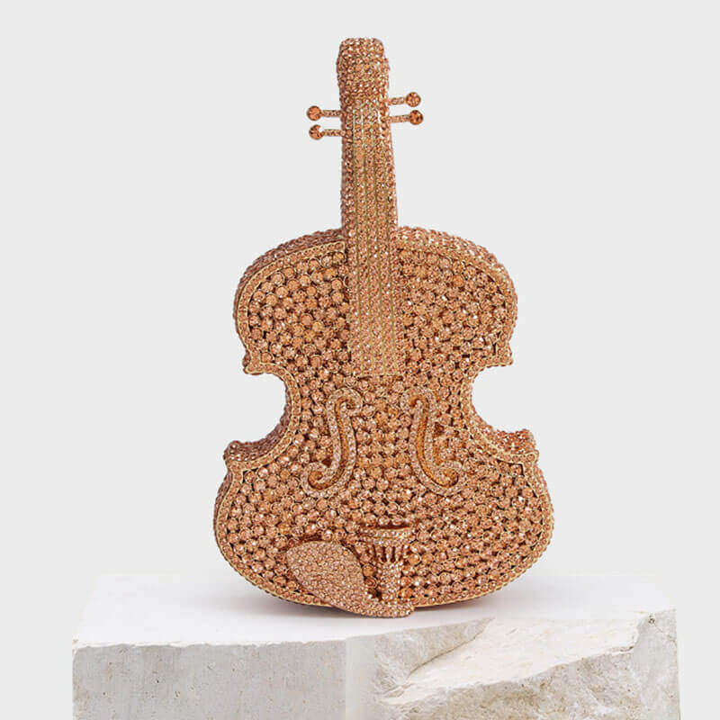 3D Sparkling Violin Shape Crystal Rhinestone Clutch - Champagne - Luxury bags by WAAMII
