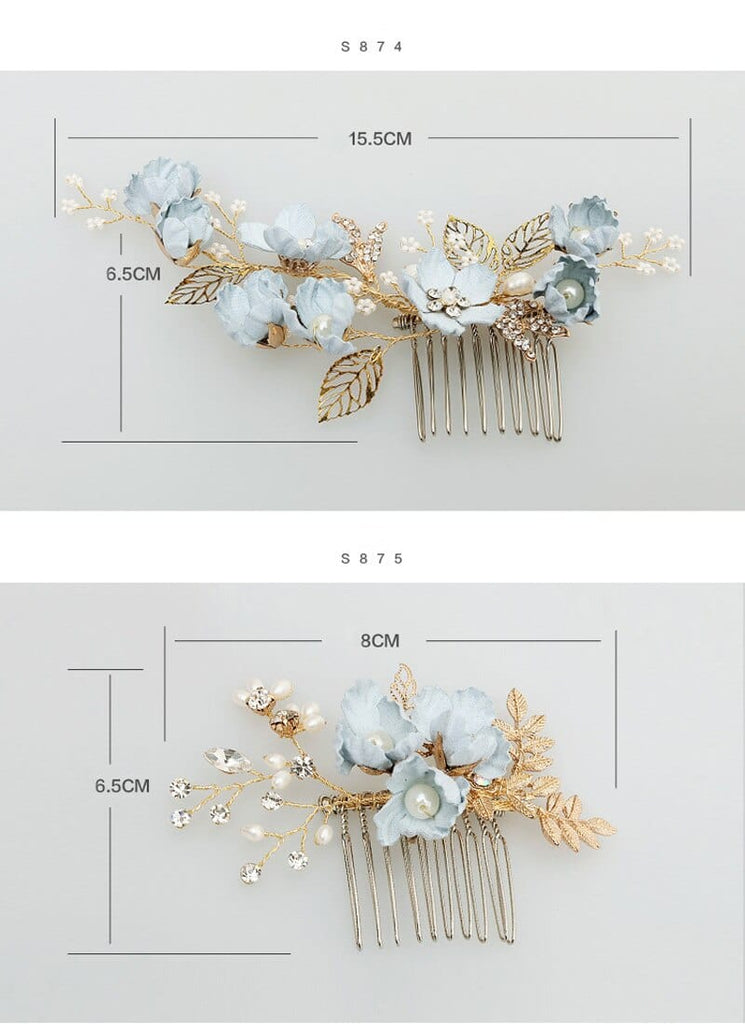 4pcs Gold Leaves Blue Floral Hair Combs Hair Pins Bridal Wedding Hair Accessories Accessories WAAMII   