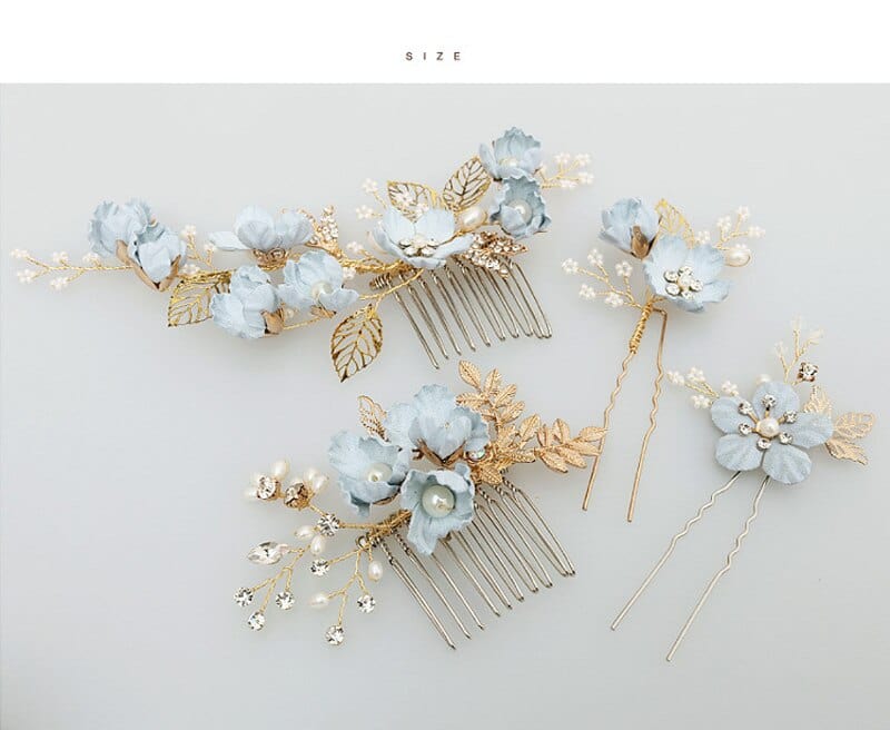 4pcs Gold Leaves Blue Floral Hair Combs Hair Pins Bridal Wedding Hair Accessories Accessories WAAMII   