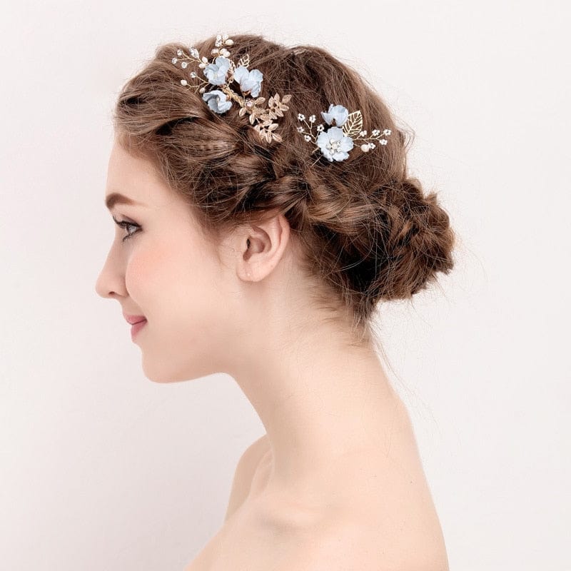 4pcs Gold Leaves Blue Floral Hair Combs Hair Pins Bridal Wedding Hair Accessories Accessories WAAMII   