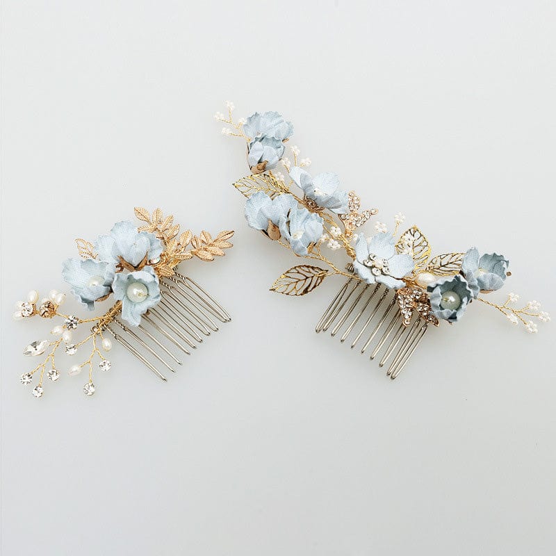 4pcs Gold Leaves Blue Floral Hair Combs Hair Pins Bridal Wedding Hair Accessories Accessories WAAMII   