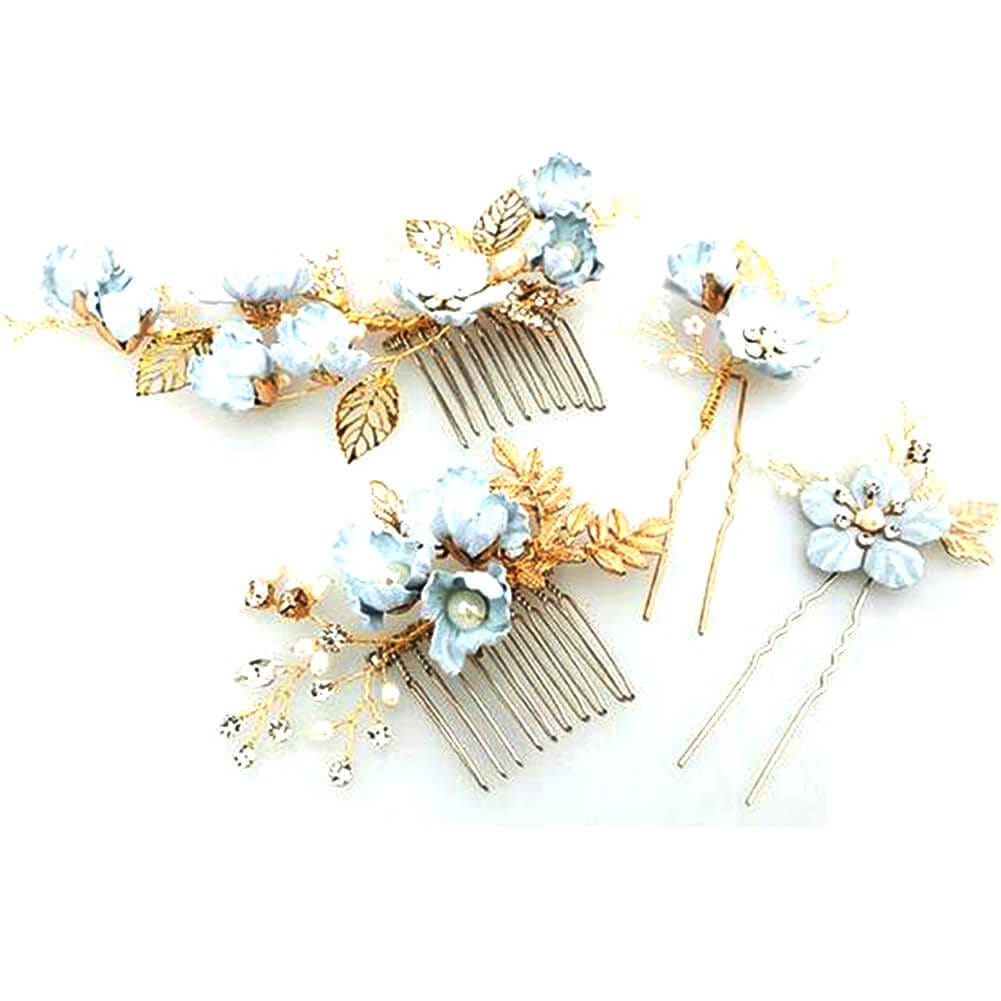 4pcs Gold Leaves Blue Floral Hair Combs Hair Pins Bridal Wedding Hair Accessories Accessories WAAMII   