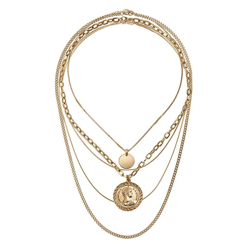 5 Layer Gold Coin Layered Necklace Jewelry WAAMII   