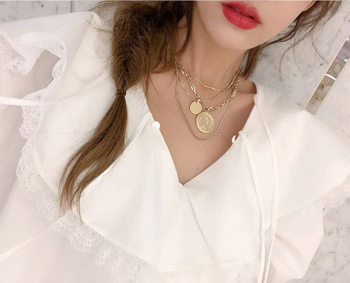 5 Layer Gold Coin Layered Necklace Jewelry WAAMII   