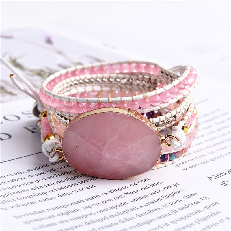5 Layers Pink Natural Stones Rose Quartz Leather Cuff Wrap Boho Bracelets Jewelry WAAMII   