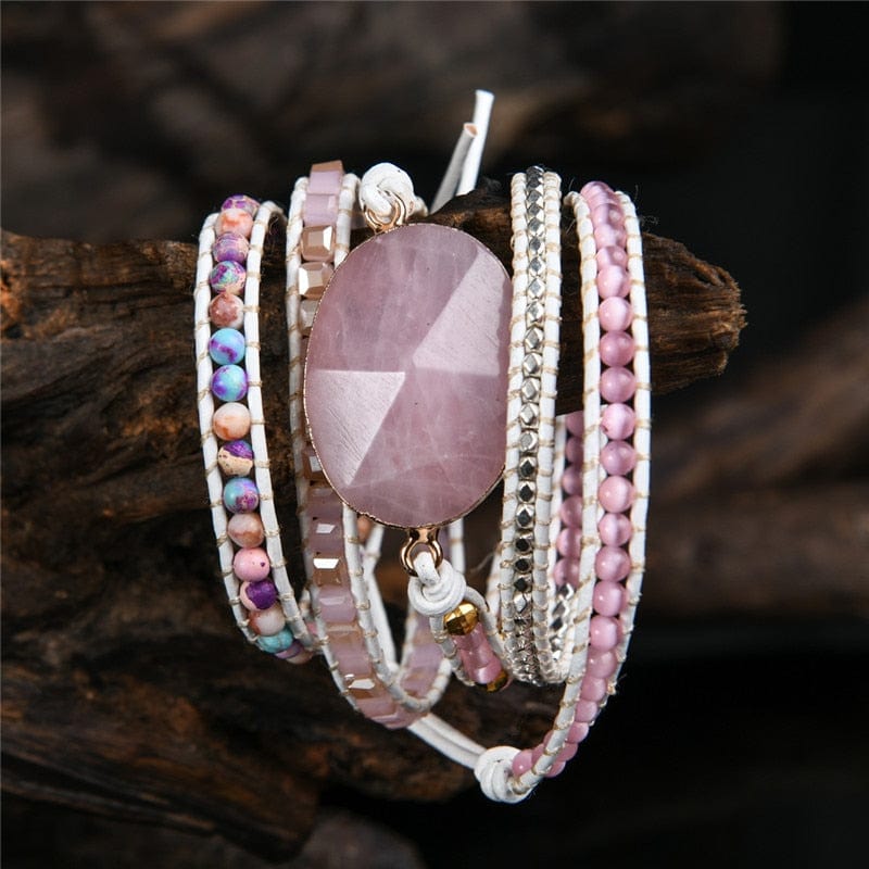 5 Layers Pink Natural Stones Rose Quartz Leather Cuff Wrap Boho Bracelets Jewelry WAAMII   