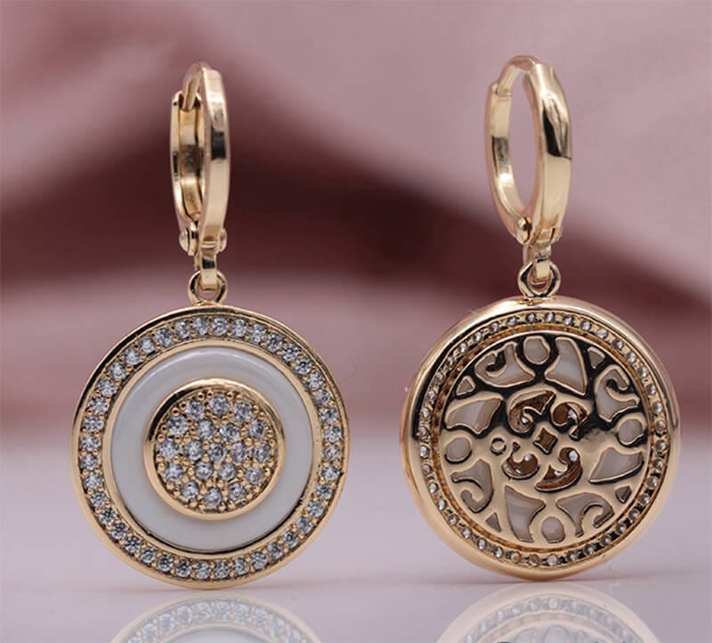 585 Rose Gold Double Sided Mosaic Pattern Black Ceramic Hook Earrings Jewelry WAAMII   