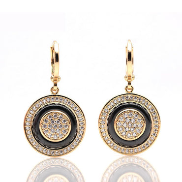 585 Rose Gold Double Sided Mosaic Pattern Black Ceramic Hook Earrings - - Luxury Jewelry by WAAMII