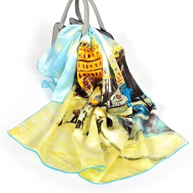 90*90CM 100% Real Silk Square Scarf Van Gogh Classic Oil Paiting Scarf Starry Night and More - town yellow blue - Luxury Accessories by WAAMII