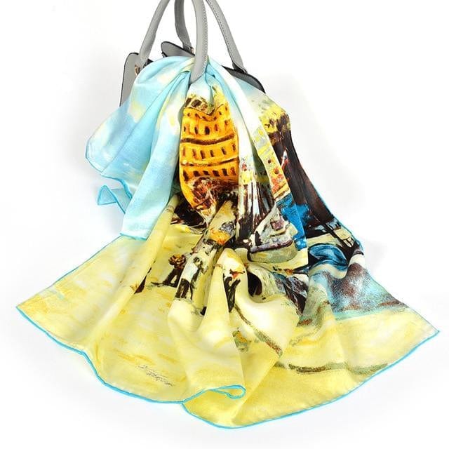 90*90CM 100% Real Silk Square Scarf  Van Gogh Classic Oil Paiting Scarf Starry Night and More Accessories WAAMII town yellow blue  