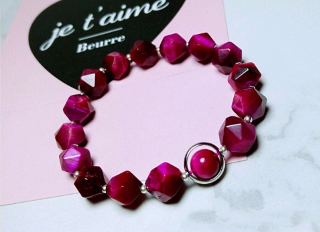 925 Sterling Silver Faceted Tiger's Eye Beads Bracelet-Rose Red Jewelry WAAMII   