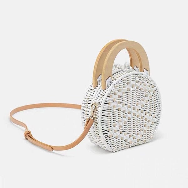 Anita Hand Woven Circular Top-Handle Straw Beach Bag Crossbody - white - Luxury bags by WAAMII