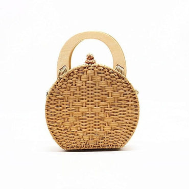 Anita Hand Woven Circular Top-Handle Straw Beach Bag Crossbody - khaki - Luxury bags by WAAMII