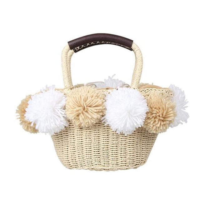 Black White Hairball Straw Bag Women Basket Summer Beach Bag bags WAAMII beige white  