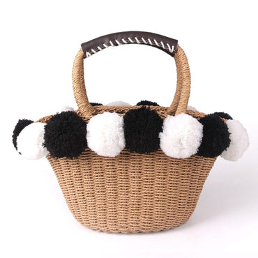 Black White Hairball Straw Bag Women Basket Summer Beach Bag - - Luxury bags by WAAMII