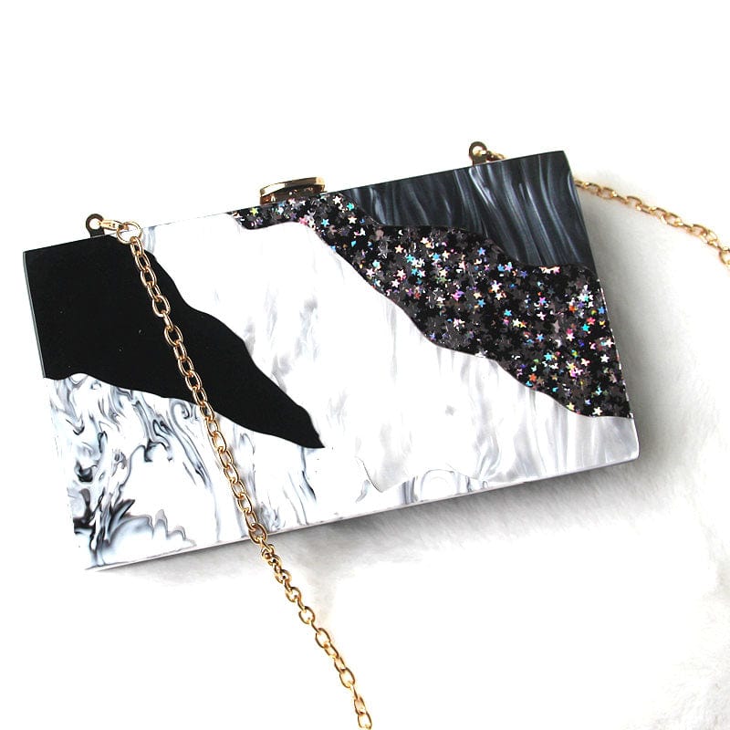 Black White Tone Pearlescent Glitter Marble Effect Acrylic Clutch bags WAAMII O Shaped Chain  