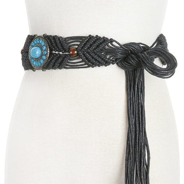 Boho Style Vintage Handmade Braided Beaded Waistband-WB32 - Black 187cm - Luxury Accessories by WAAMII