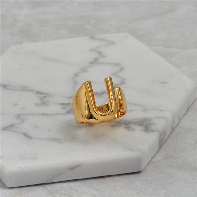 Brass With 18K Yellow Gold Plated English Letters Alphabet Rings Size Adjustable Jewelry WAAMII U  