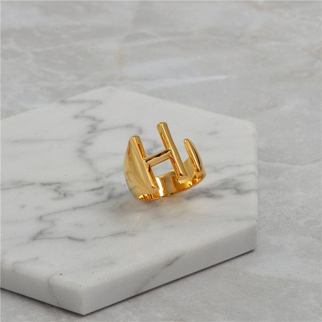 Brass With 18K Yellow Gold Plated English Letters Alphabet Rings Size Adjustable Jewelry WAAMII H  