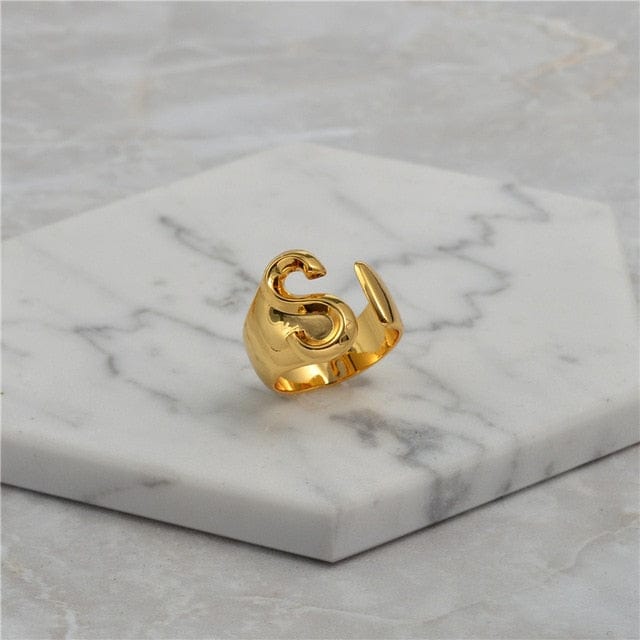 Brass With 18K Yellow Gold Plated English Letters Alphabet Rings Size Adjustable Jewelry WAAMII S  