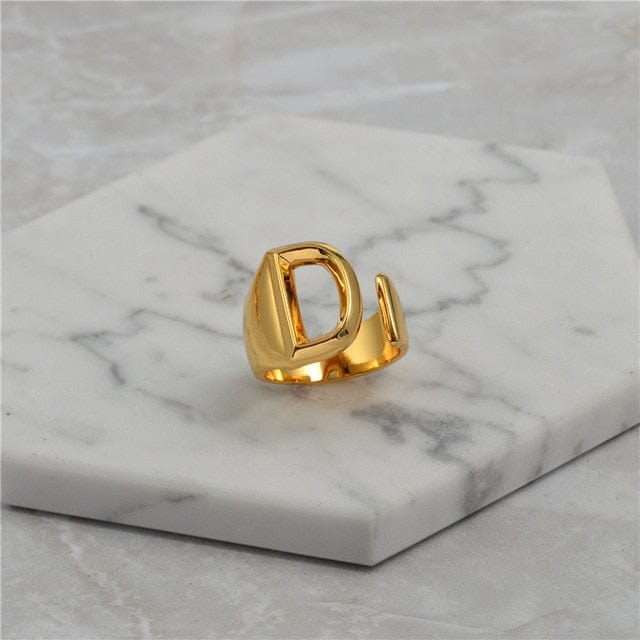 Brass With 18K Yellow Gold Plated English Letters Alphabet Rings Size Adjustable Jewelry WAAMII D  