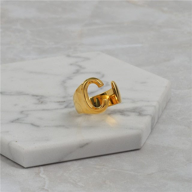 Brass With 18K Yellow Gold Plated English Letters Alphabet Rings Size Adjustable - C - Luxury Jewelry by WAAMII