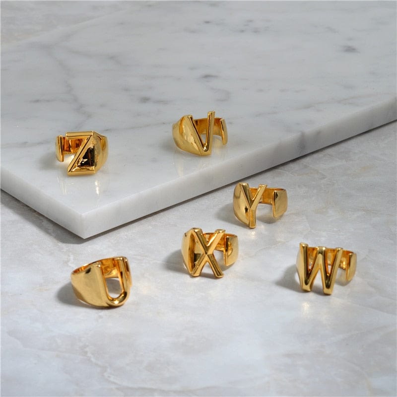 Brass With 18K Yellow Gold Plated English Letters Alphabet Rings Size Adjustable Jewelry WAAMII   