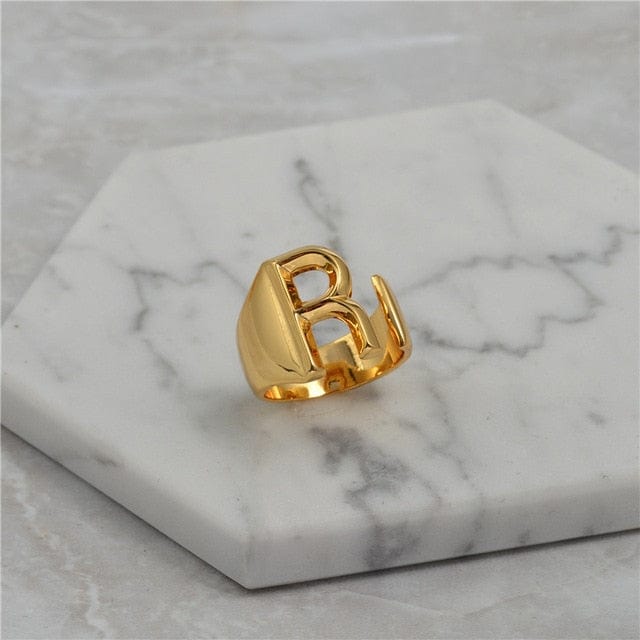 Brass With 18K Yellow Gold Plated English Letters Alphabet Rings Size Adjustable Jewelry WAAMII R  