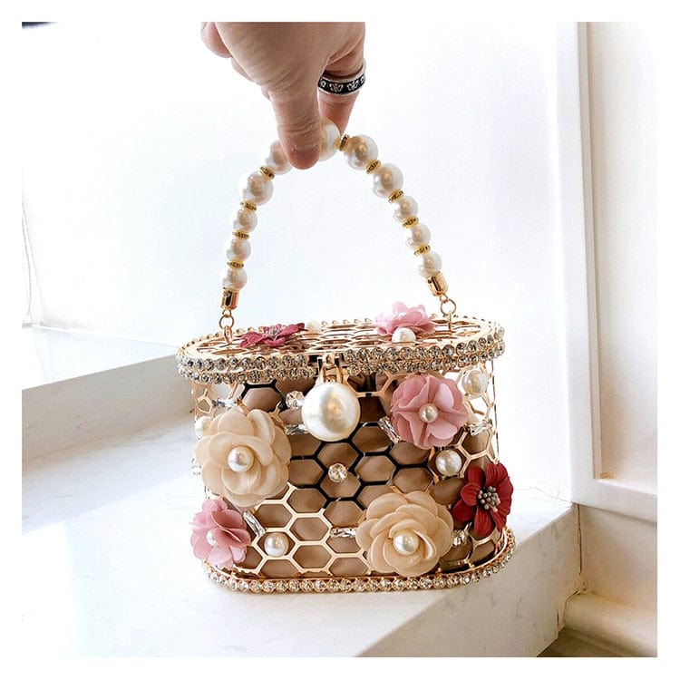 Brenda Pearl Floral Beading Honeycomb Clutch - - Luxury bags by WAAMII