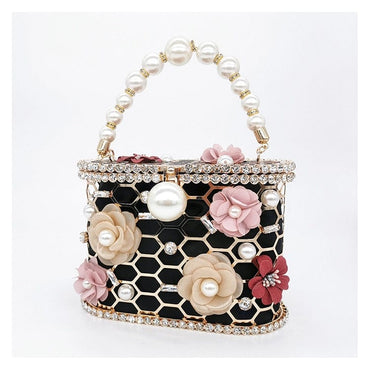 Brenda Pearl Floral Beading Honeycomb Clutch - black L18.5 W9.5 H13cm - Luxury bags by WAAMII