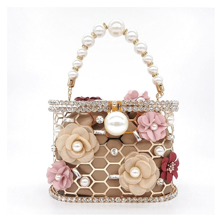 Brenda Pearl Floral Beading Honeycomb Clutch - beige L18.5 W9.5 H13cm - Luxury bags by WAAMII