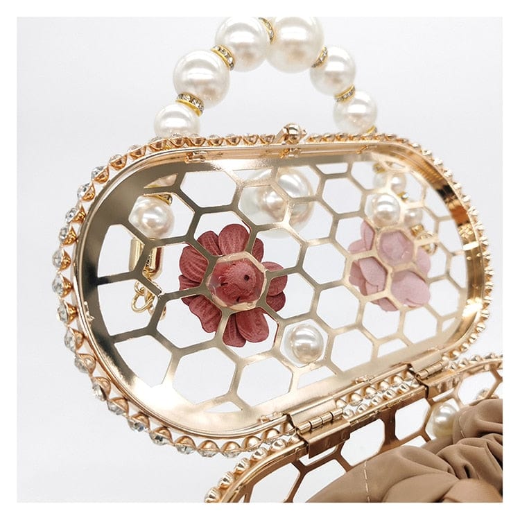 Brenda Pearl Floral Beading Honeycomb Clutch - - Luxury bags by WAAMII