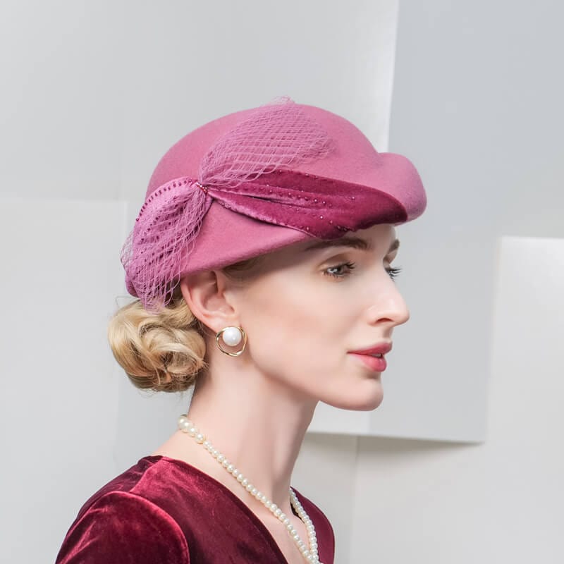 Bristish Style Wool Pillbox Hat Fascinator Derby Church Hat WB5233 Accessories WAAMII Pink  