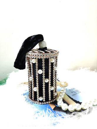 Carla Pearl Rhinestone Bucket Clutch With Shoulder Chains - - Luxury bags by WAAMII