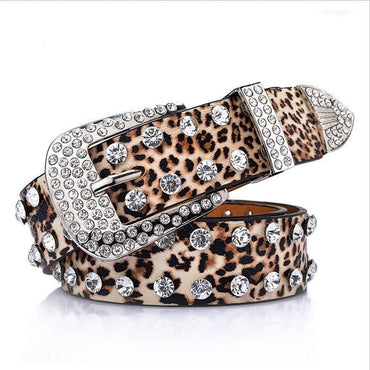 Cheetah/Leopard Print Belt Studded Rhinestone Designer Belt For Women - Leopard 108cm - Luxury Accessories by WAAMII