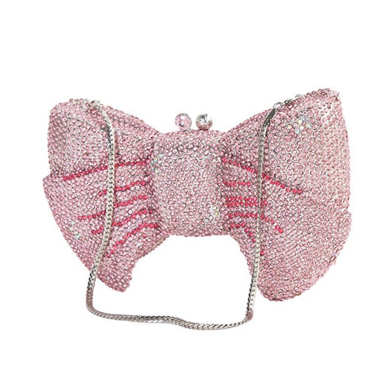 Crystal Butterfly Knot Clutch with Pearl Chain bags WAAMII Pink With snake chains 