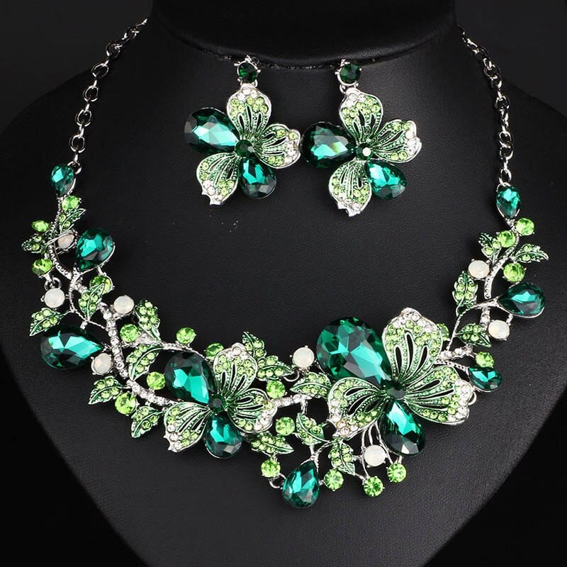 Crystal Rhinestones Flower Statement Necklace Earrings Set  Luxury Bridal Jewelry Sets Jewelry WAAMII green  