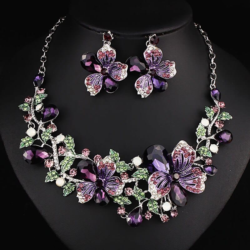 Necklace Earrings Violet Crystal Water-drop Style Bridal Wedding Jewelry  Set Pink 2 