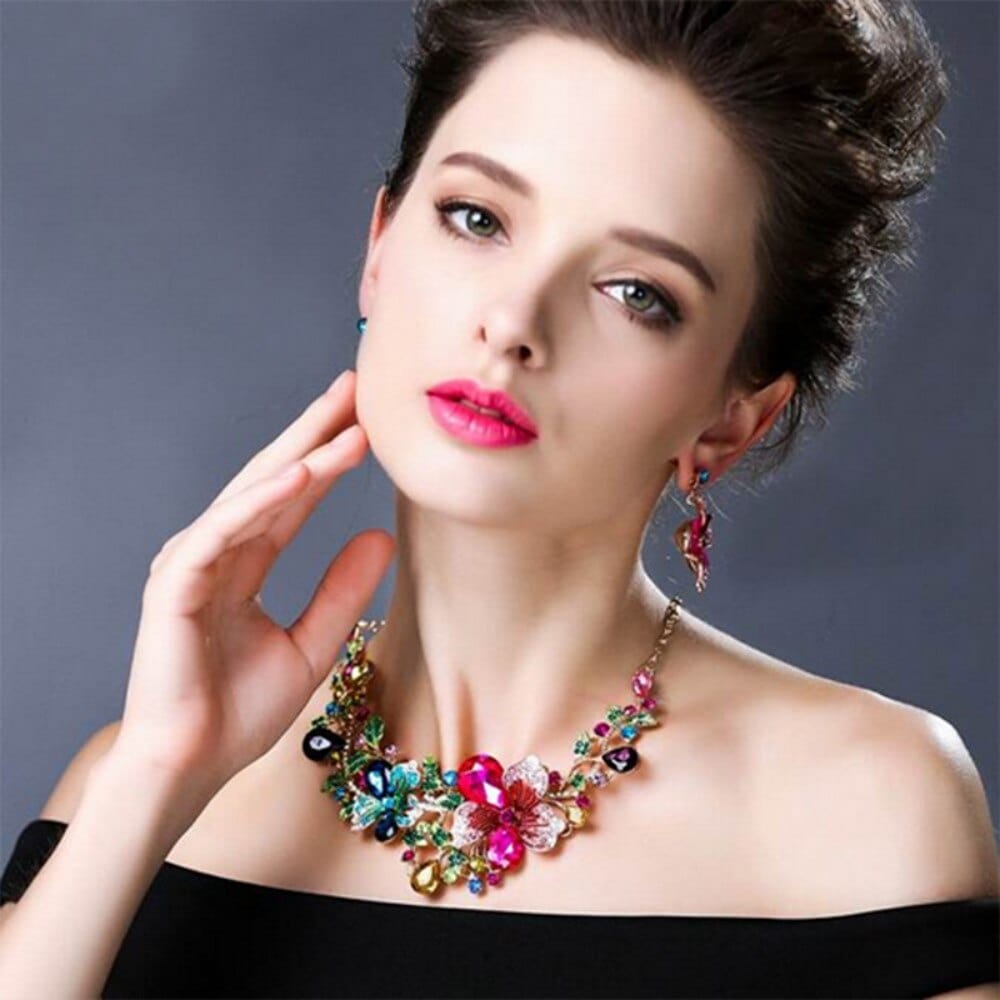 Crystal Rhinestones Flower Statement Necklace Earrings Set Luxury Bridal Jewelry Sets - - Luxury Jewelry by WAAMII