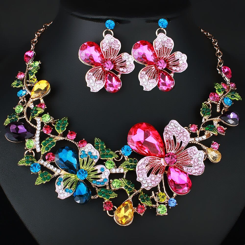 Crystal Rhinestones Flower Statement Necklace Earrings Set  Luxury Bridal Jewelry Sets Jewelry WAAMII multi  