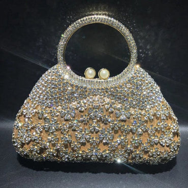 Dazzling Rhinestone Hollow Out Crystal Pearl Beaded Top Handle Clutch - gold - Luxury bags by WAAMII