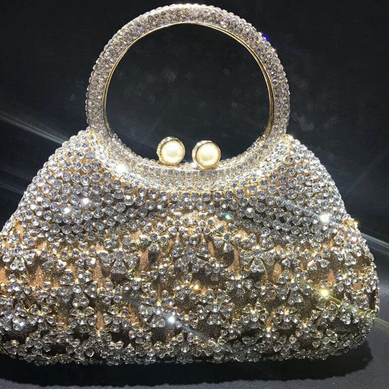 Dazzling Rhinestone Hollow Out Crystal Pearl Beaded Top Handle Clutch bags WAAMII   