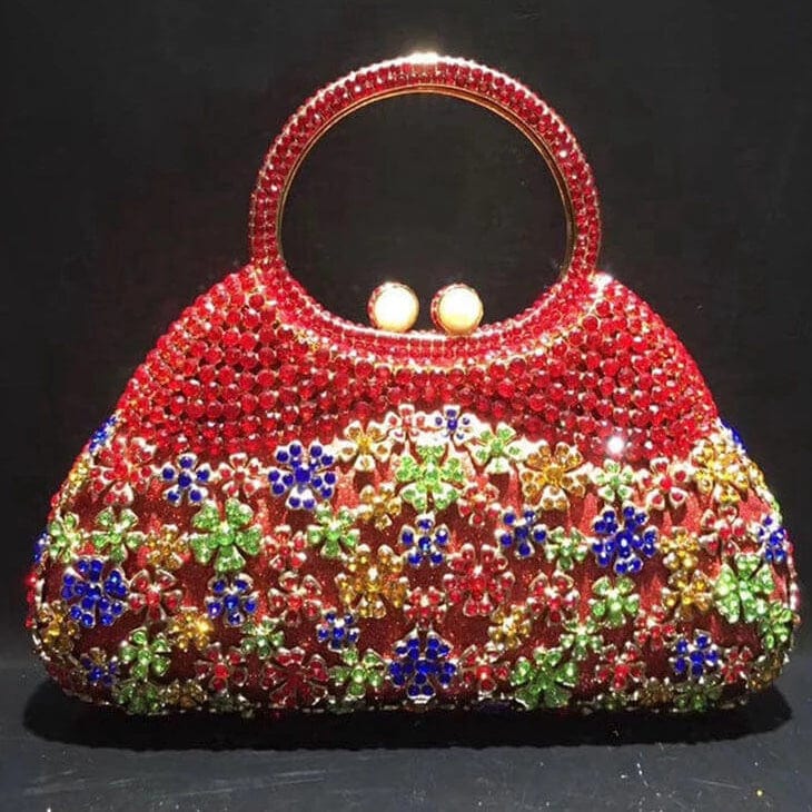 Dazzling Rhinestone Hollow Out Crystal Pearl Beaded Top Handle Clutch - red rainbow - Luxury bags by WAAMII