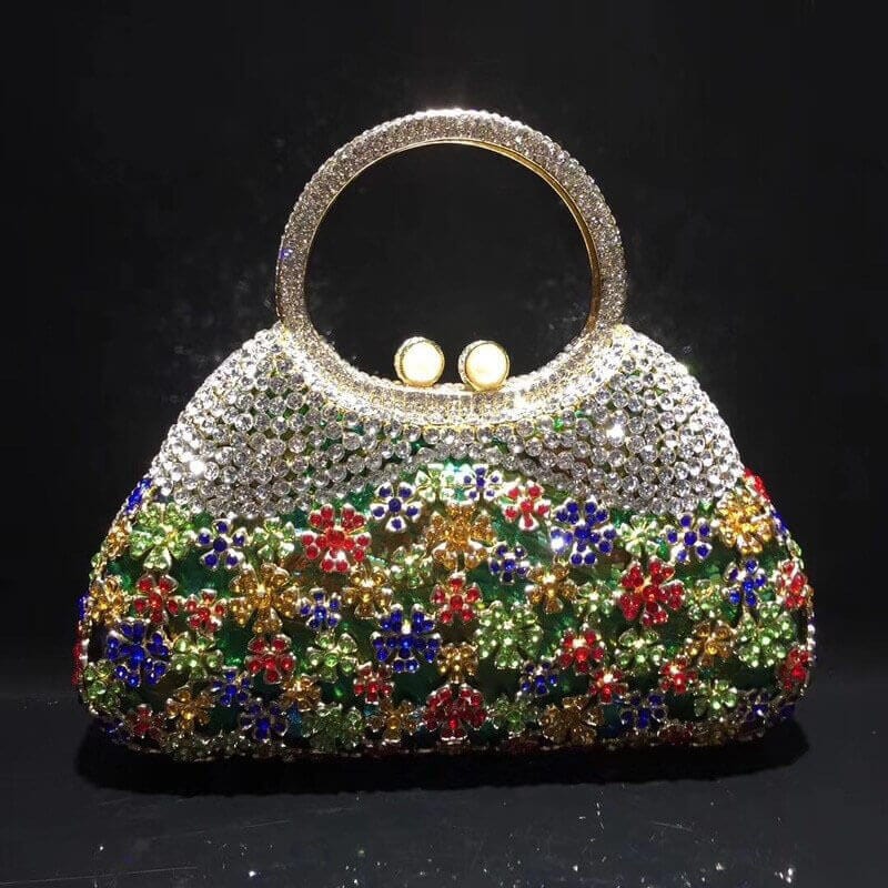 Dazzling Rhinestone Hollow Out Crystal Pearl Beaded Top Handle Clutch bags WAAMII green  