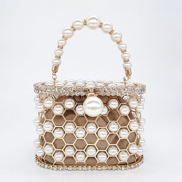 Della Pearl Beaded Honeycomb Clutch bags WAAMII khaki L18.5 W10 H13cm 