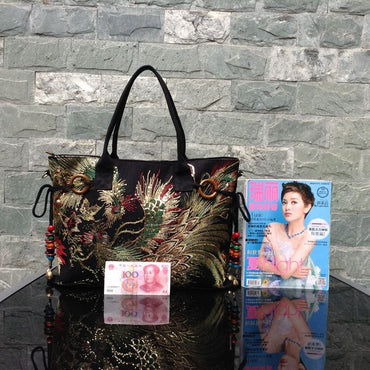 Designer Luxury Gold Thread Phoenix Hand Embroidery Bag Tote-Wood Bead Trim Limited Edition - - Luxury bags by WAAMII