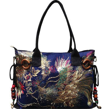 Designer Luxury Gold Thread Phoenix Hand Embroidery Bag Tote-Wood Bead Trim Limited Edition - - Luxury bags by WAAMII