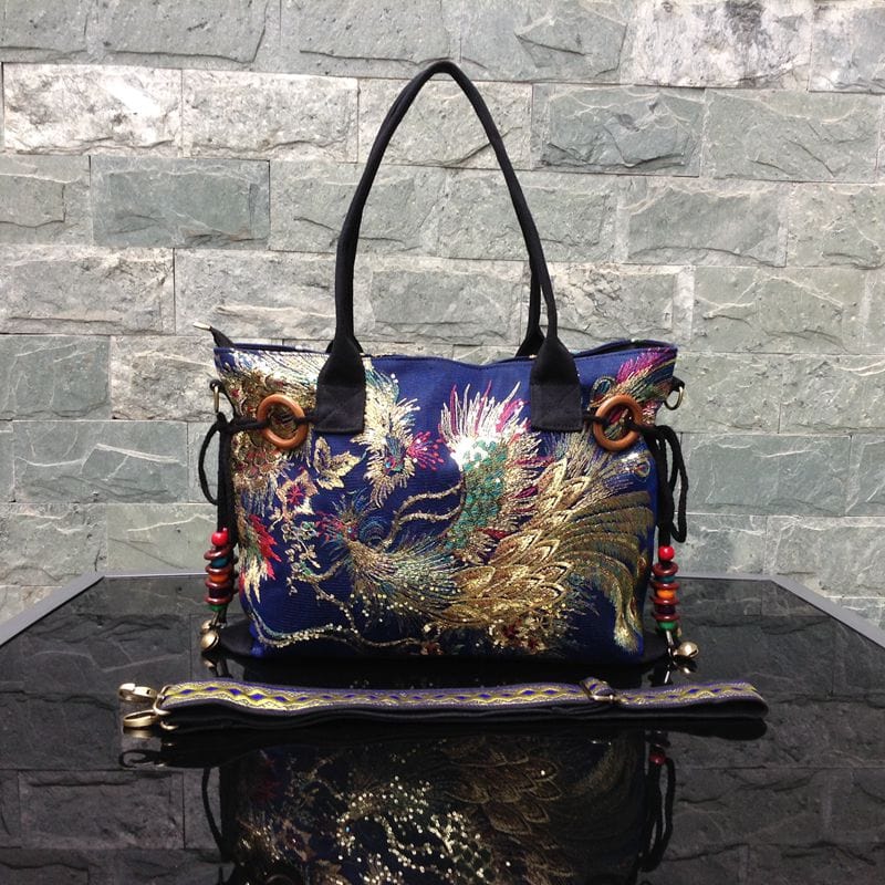 Designer Luxury Gold Thread Phoenix Hand Embroidery Bag Tote-Wood Bead Trim Limited Edition bags WAAMII   