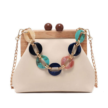Designer Wooden Clutch Crossbody Bag With Acrylic Bold Chains - White - Luxury bags by WAAMII
